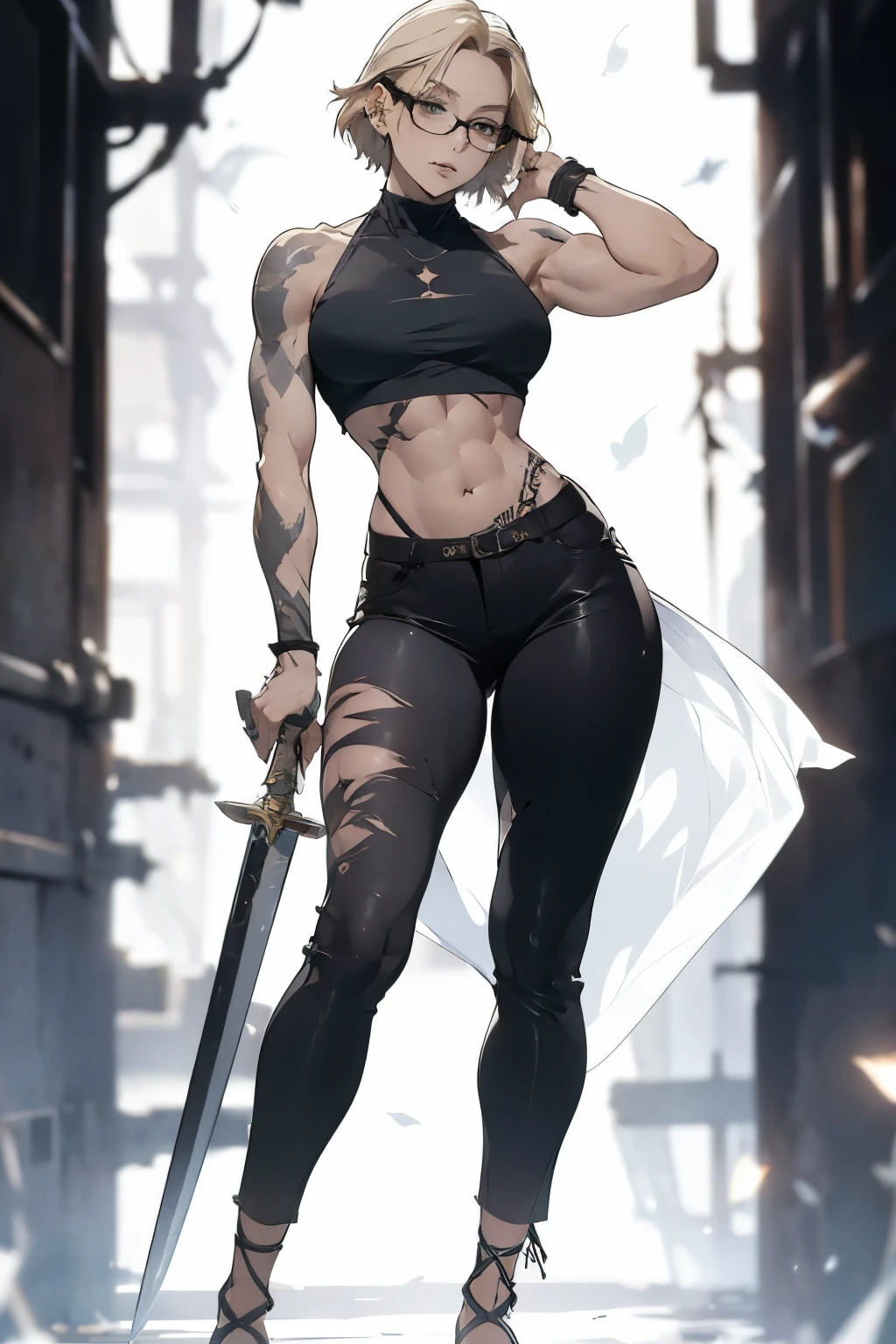 a woman with well-developed muscles, has short blonde hair, wears Ful Vue glasses, a low-cut crop top and black pants and scars all over the body, she is tall and hot, with a tattoo on his leg and two daggers in the sheath, with hunter eyes, hair is shaved on the side, with long and large limbs