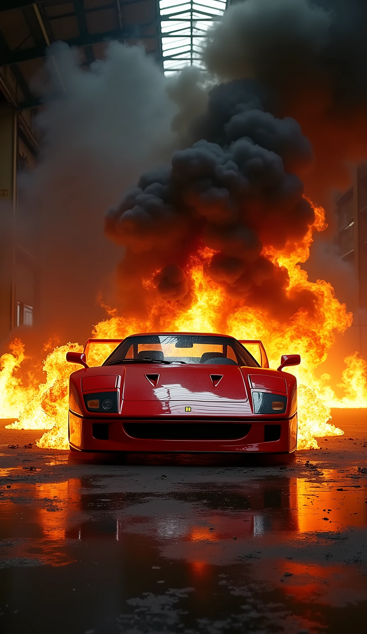 Ferrari f40 on fire with black smoke recreating a legendary photo that looks realistic 