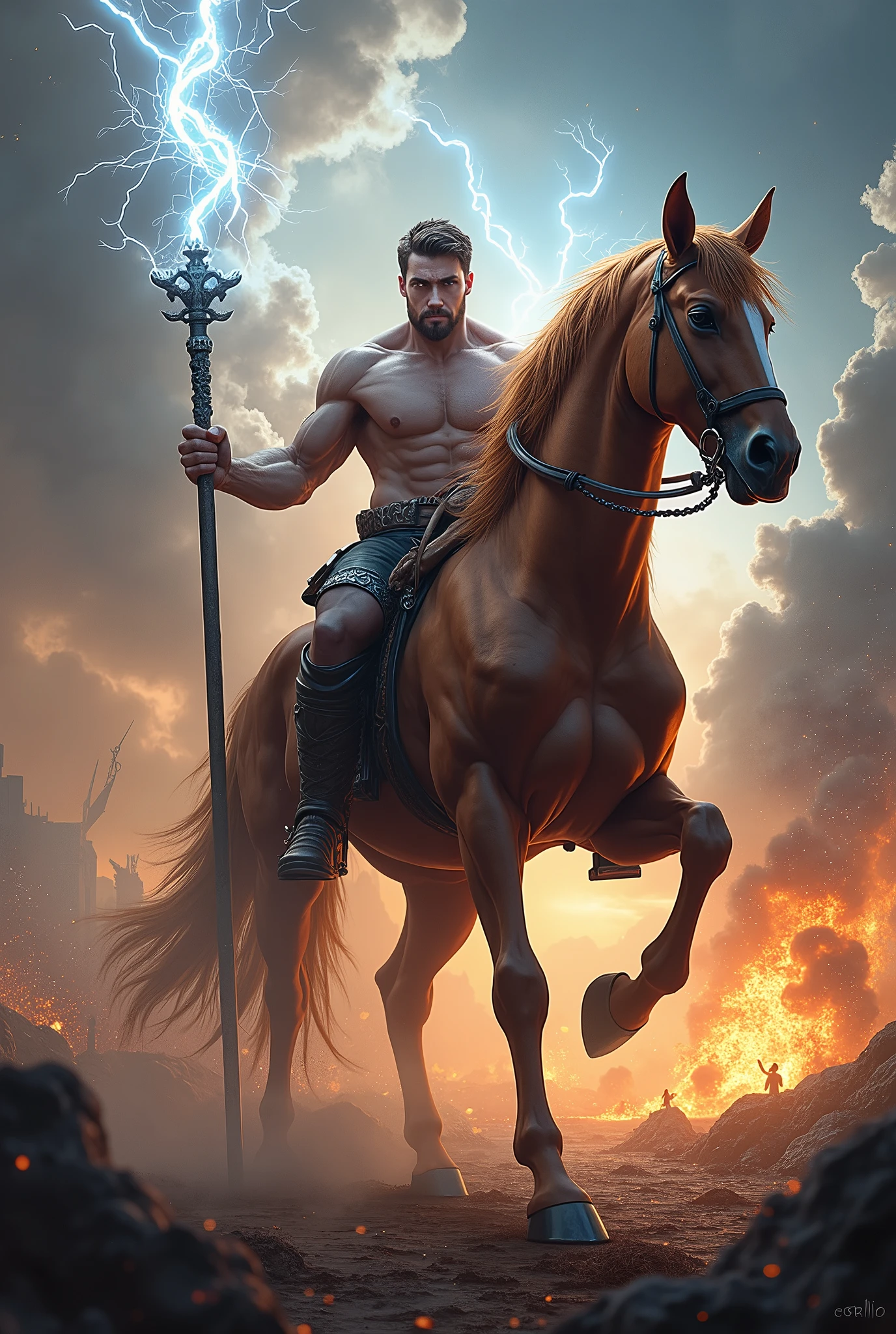 centaur a half horse half human holding a lightning staff standing at middle of war, with lightning around him