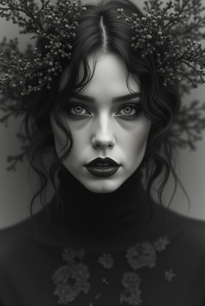 Mystical Aura: A portrait of a model with a mysterious, enigmatic expression. The monochrome palette and 4D rendering create a captivating atmosphere, with 8K resolution capturing every fine detail of her face and the surrounding environment.