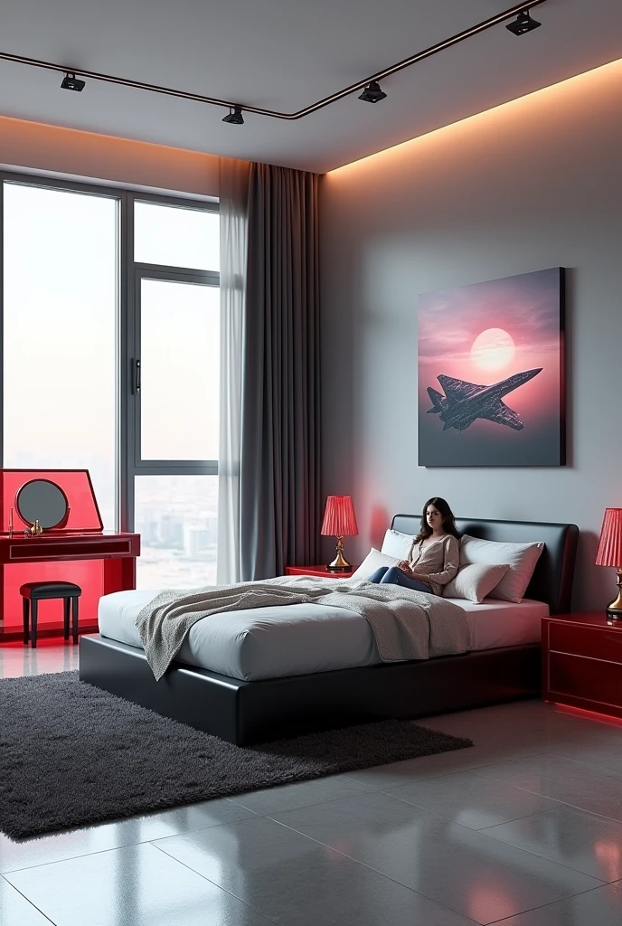 Professional 3d architecture rendering design of modern   girl teenage  room with modern dark bed and  light  shinty silver blanket and sheets modern   red glassy makeup table and glassy  chairand  glassy  red glassy piano And modern windows  and beautiful and modern  with big  jet war  airplane  painting  and modern windows and showing complete bed room and light gray stone for floor and elegant  dark carpet and small ai similar human sitting on the chair and light gray wall 