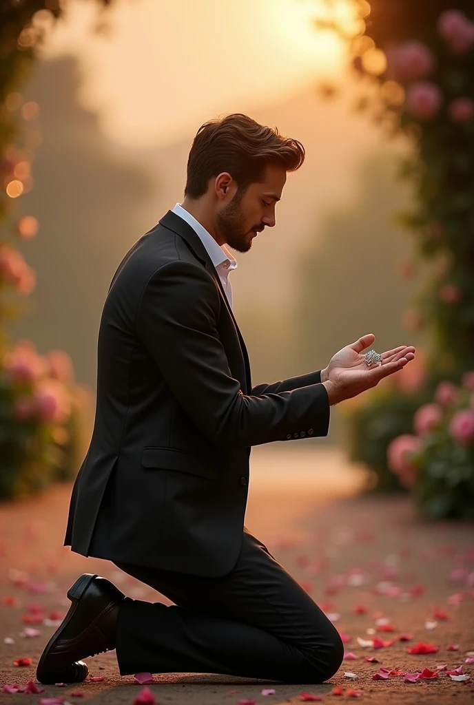 Please generate a picture of a man kneeling with a ring in his hand