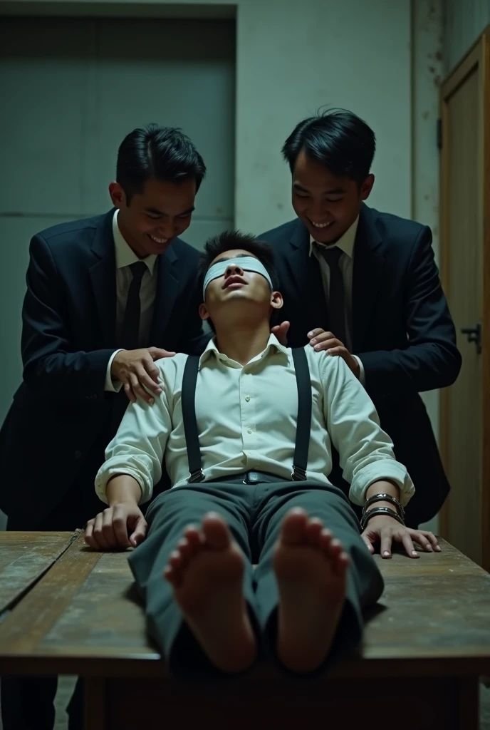 Malaysia malay handsome 23years student
He laugh
His hand handcuff in abondon warehouse
Blindfolded
handcuff
Formal Outfit
Focus sweaty hot feet on desk
Black sock
2 mafia pinch nose and rub his feet