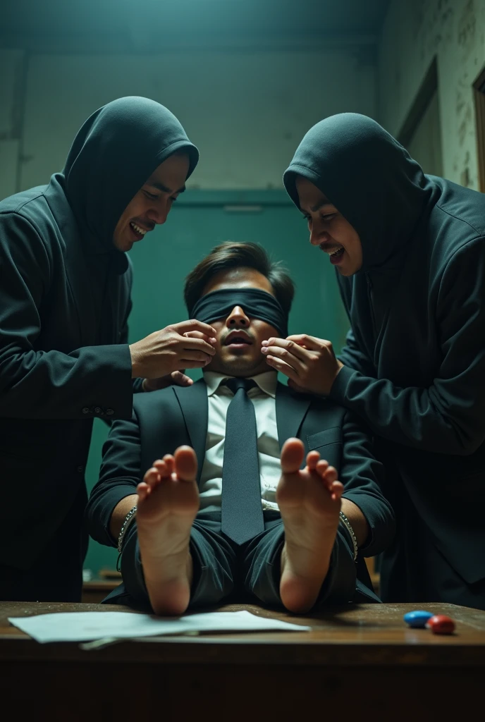 Malaysia malay handsome  23years  student 
He laugh
His hand handcuff in  abondon warehouse 
Blindfolded
handcuff
Formal Outfit 
Focus sweaty hot feet on desk
Black sock 
2 mafia pinch nose and rub his feet
