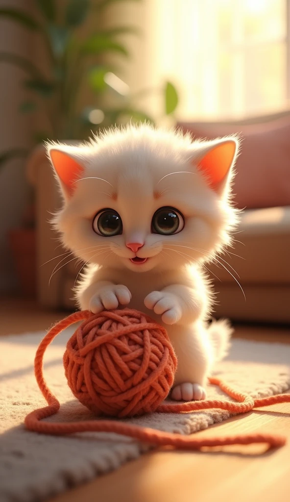 Playful Kitten with Big Eyes”: A tiny, fluffy kitten with oversized, shiny eyes, playfully pawing at a ball of yarn in a sunlit living room. [Pixar-style, cute and cozy, warm indoor setting]