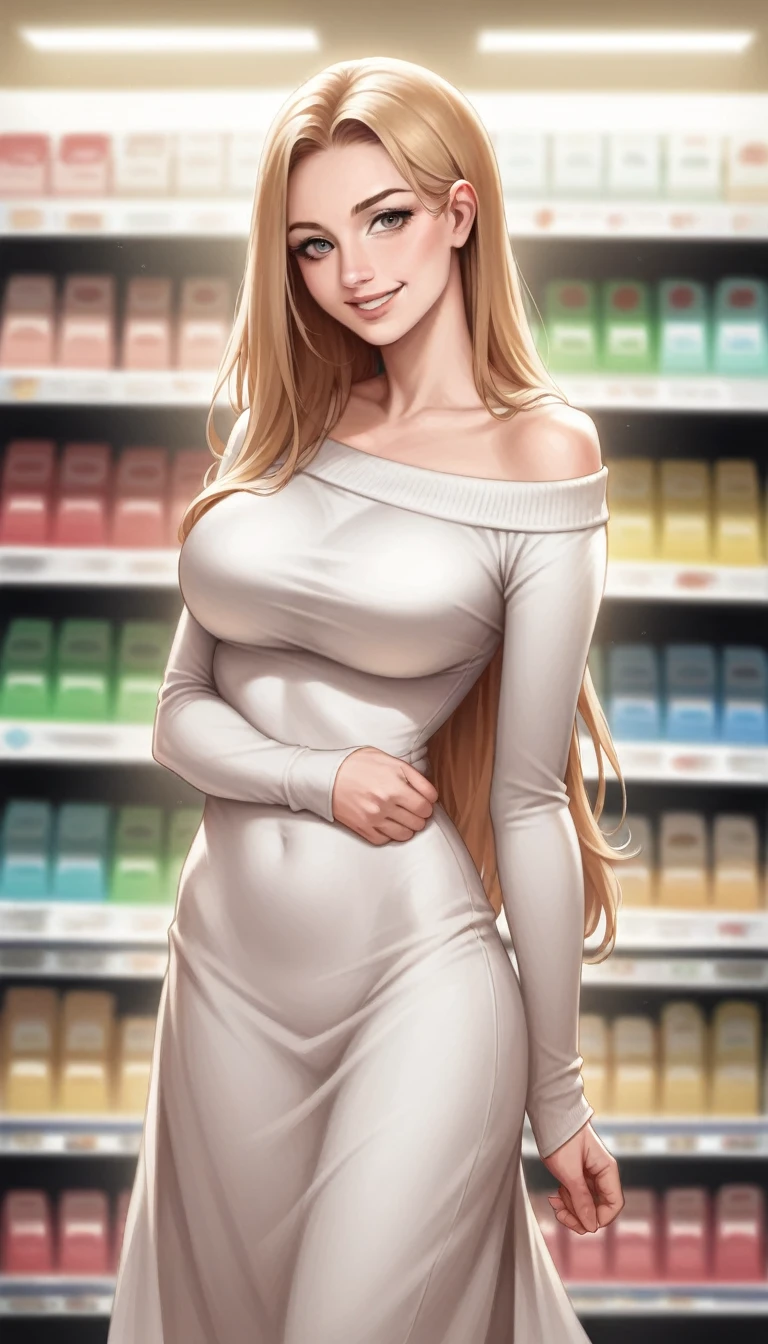 (best quality, ultra-detailed, photorealistic: 1.39), Face of naughty 1 teenager, Girl in love with big breasts, bright and vibrant colors, studio lighting, romantic expression, beautiful detailed red off-shoulder sweater:1.2  , sensual white mini skirt, elegant makeup, long blonder hair flowing in the wind, attractive eyes, lips bright, sexy pose, beautiful roses, smiling confidently and seductively, posing for a professional photo shoot, shallow depth of field, soft natural lighting, creating a dreamy and magical atmosphere. In the clothing store, beautiful store