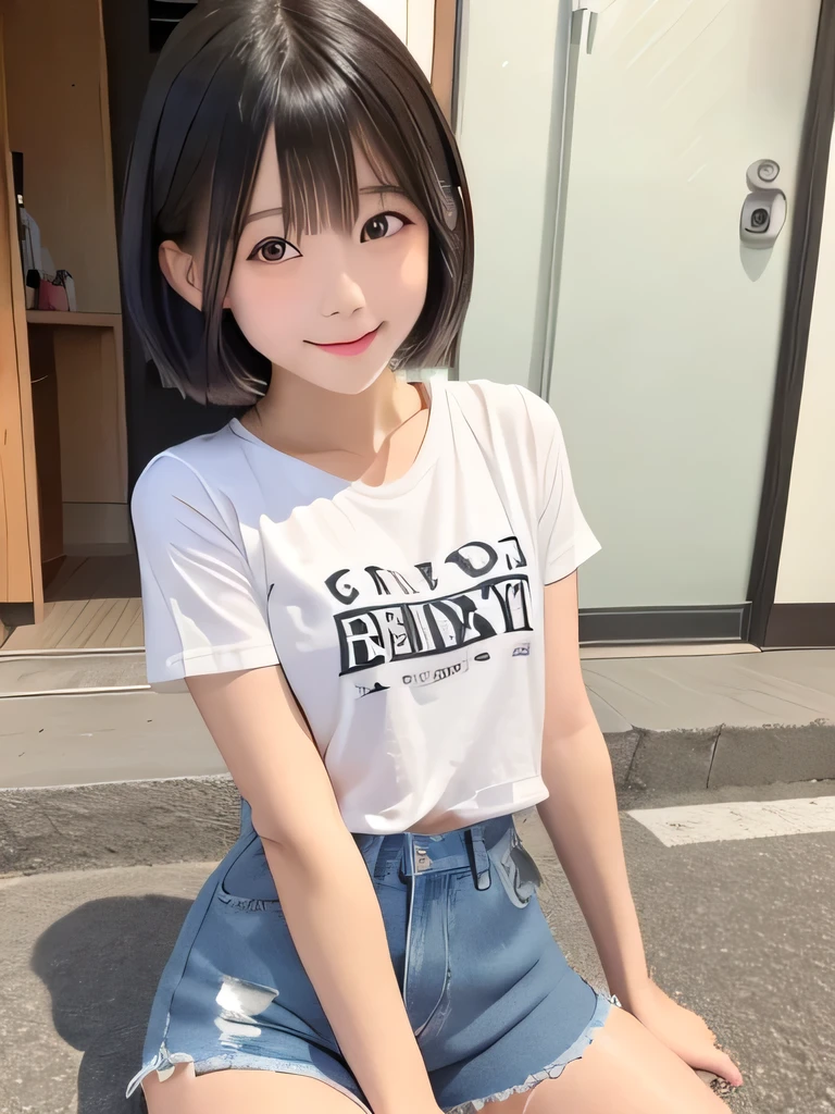 Very short, tight, The hem is sewn、And skinny denim shorts、beautiful girl.,She is cute and pretty like an idol..,She is pure and innocent.,She is wearing a T-shirt,High socks and sneakers.Japanese,Black short bob,A shy smile