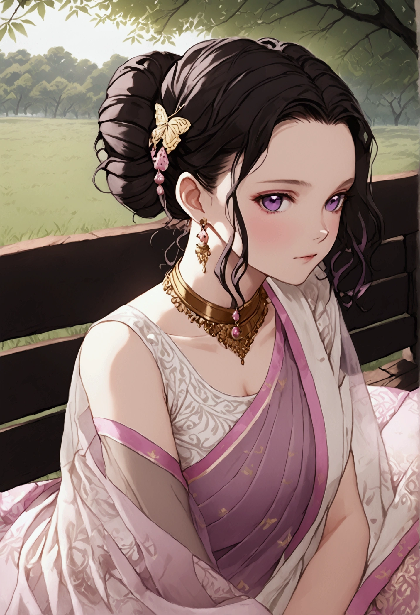 ((((shinobu kocho from demon slayer)))),((((wearing a white see through saree with fading pink at the end and her black lines cracking ground pattern on her saree)))), deep purple eyes with no visible pupils , in park, human body structure, no ornaments, photo session, innocent looking ,proper body proportion , distinctive hairstyle from Demon Slayer. Her hair is medium length, primarily dark black with subtle purple-tinted ends. The hair is tied up into a butterfly-shaped bun at the back of her head. She has long, straight bangs framing her face, with two strands of hair falling gracefully down each side. The butterfly accessory in the bun is detailed with light purple and white colors, matching the hair’s purple tips. Ensure the hair color stays dark with accurate purple shading, not pink,hairs are purple fading at the ends of bangs , ((((((wearing an Indian saree)))))),laying on bench