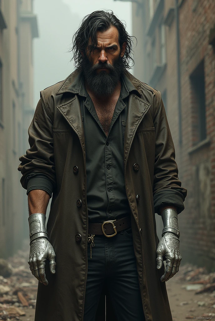 A tall man, His face was gloomy, covered in a long, dirty beard that looked like it hadn't been cut in months.. His long, dark hair was just as battered as his beard.. His clothes were dirty and looked old., Just like his gloves that seemed to be covered in white metal.. But that man had made up his mind, his clothes were clean, He was wearing boots that matched his shirt., He had shaved and cut his hair. However, His gloves were the same.