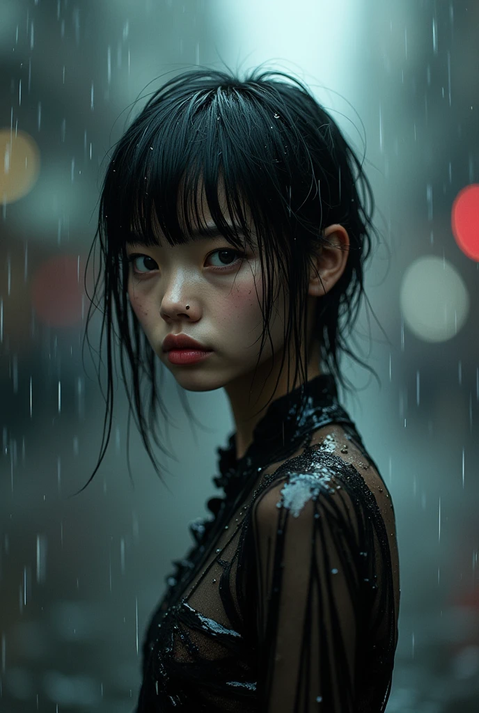 Heavy rain is falling in the city. ,drenched, Dripping, Wet Face,Wet clothes, Wet Skin, Wet Hair, One Girl, A girl with a cute face like a Japanese idol , No makeup,thin, Small breasts, (Black pixie cut:1.2), (Blunt bangs), Immerse in a World of Dark Tones, Smile, Model pose, Shooting from below, (skinny:1.0),Add irregular prints and patterns, Sharp lines, Unusual Accessories Attached to Clothing、Bondage-themed swimsuit、 Originality and innovation,Cinema Art Style,Cinematic Light,Lomography 、nsfw、Kanna Hashimoto