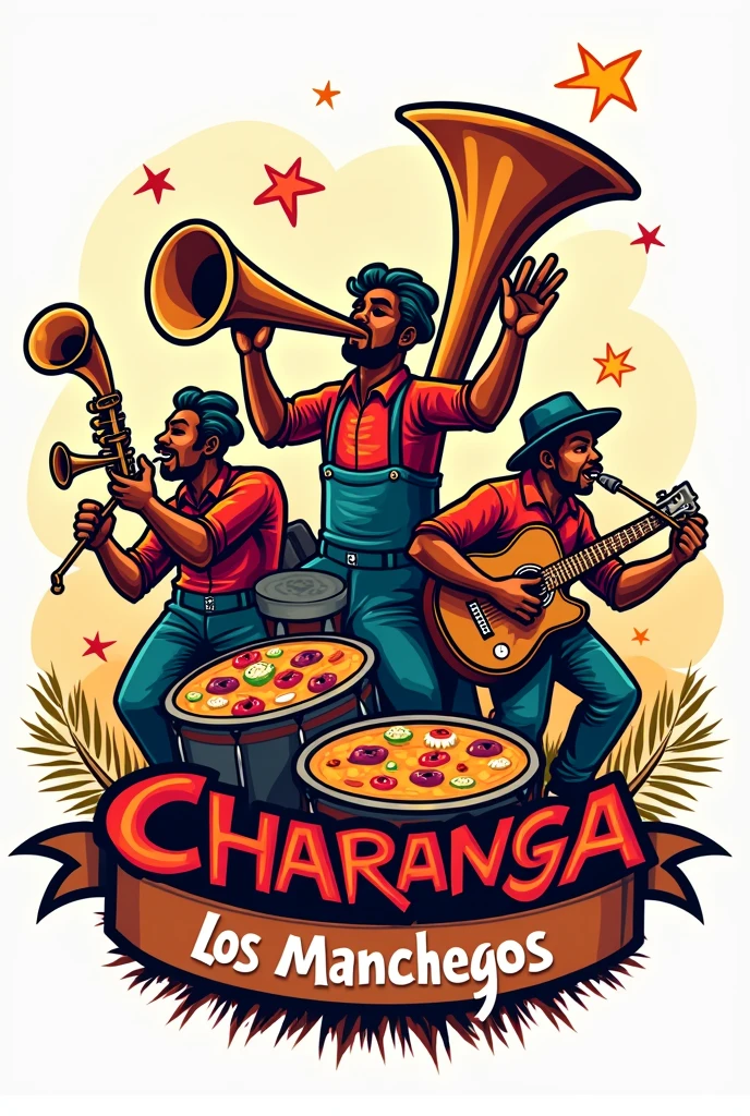 Create a logo for a band called Charanga Los Manchegos and feature a trumpet, a tuba, a bass drum, some dishes, a trombone and a sax.
Have a fun and spicy touch.