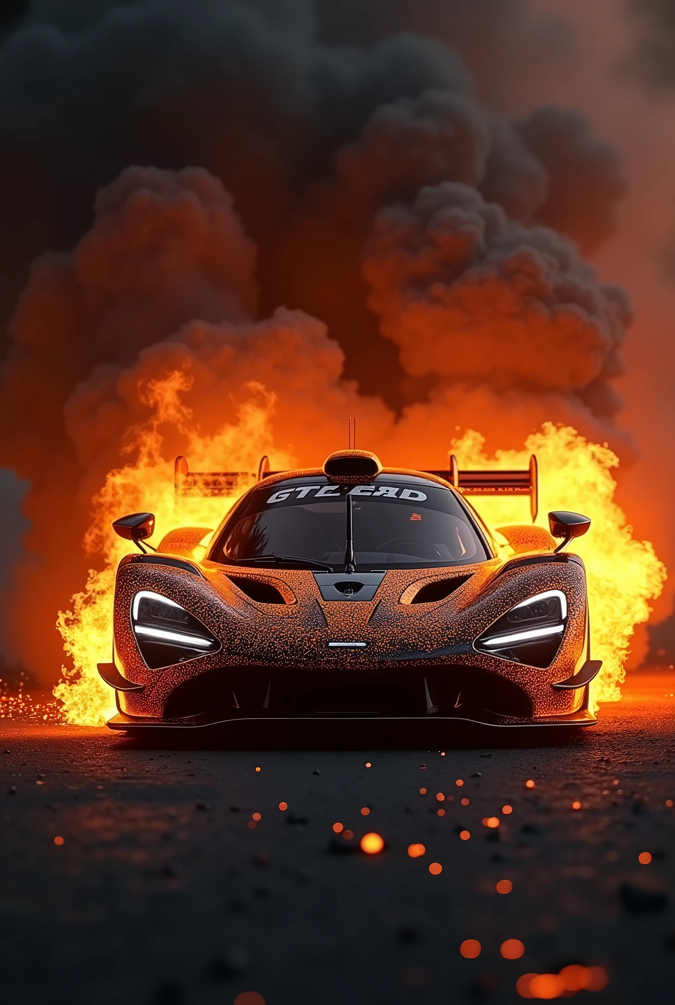 Mclaren senna gtr on fire with black smoke recreating a legendary photo that looks realistic 