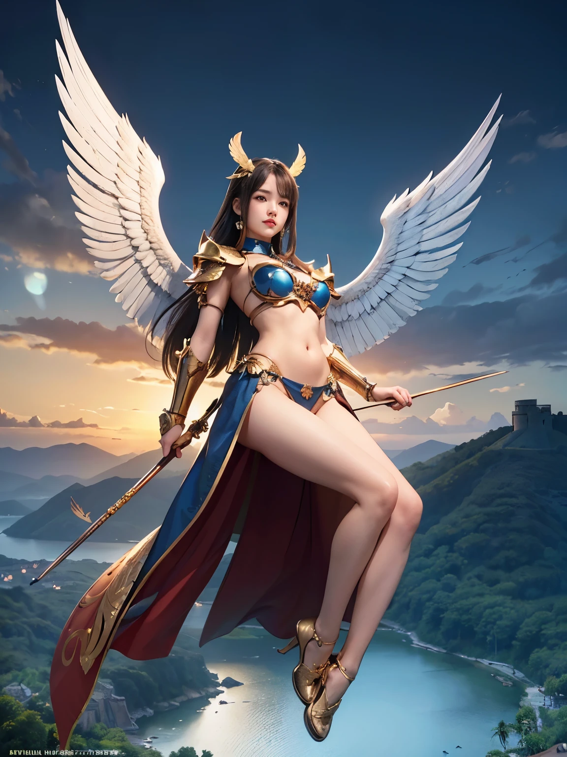 (masterpiece, highest quality, Realistic photos), A very cute Japanese woman, A complex copper and brass mechanical armor with a Hawk and eagle motif., Beautiful big angel wings, (The wings are symmetrically paired;1.5), ((Carrying an aura of bright blue flame)), White tone, A little bit of blue and red and yellow accents, Angel falling from the sky, floating in the sky, Extremely intricate details, Posing on the medieval castle walls at sunset, Full Body Shot, narrow body, hourglass body, medium breasts, thin waist, flat belly, Thin and beautiful thighs, beautiful legs,