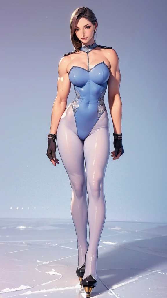 Full body picture:(masterpiece:1.2, best quality),(Very detailed),8K,wallpaper,1 female,Full body picture,Silver pantyhose,Figure skater,Silver military uniform,Fabric texture military uniform,leotard,Tall figure,Long legs,muscular,skating on ice
