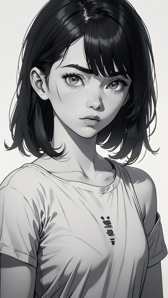 1 korean boyish girl, solo, sharp eyes, monochrome, greyscale, shoulder length black hair, portrait, blank white T-shirt, Thin eyebrows, closed mouth, looking at viewer, graphite \(medium\), detailed lips, hatching \(texture\), without makeup, (bangs), upper body, (best illustration), (best quality), (very detailed), (masterpiece), expressionless,