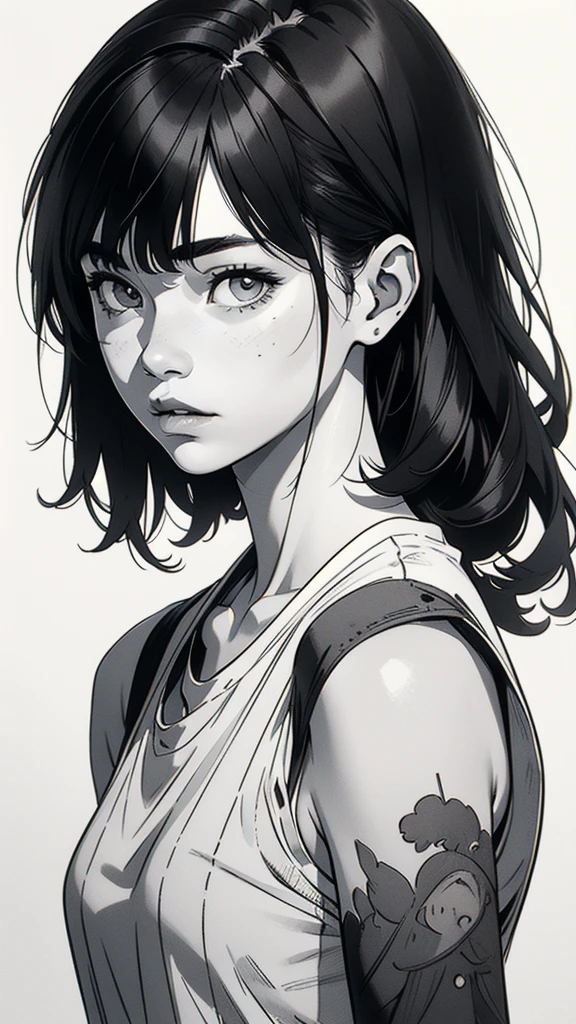 1 korean boyish girl, solo, sharp eyes, monochrome, greyscale, shoulder length black hair, portrait, blank white T-shirt, Thin eyebrows, closed mouth, looking at viewer, graphite \(medium\), detailed lips, hatching \(texture\), without makeup, (bangs), upper body, (best illustration), (best quality), (very detailed), (masterpiece), expressionless,