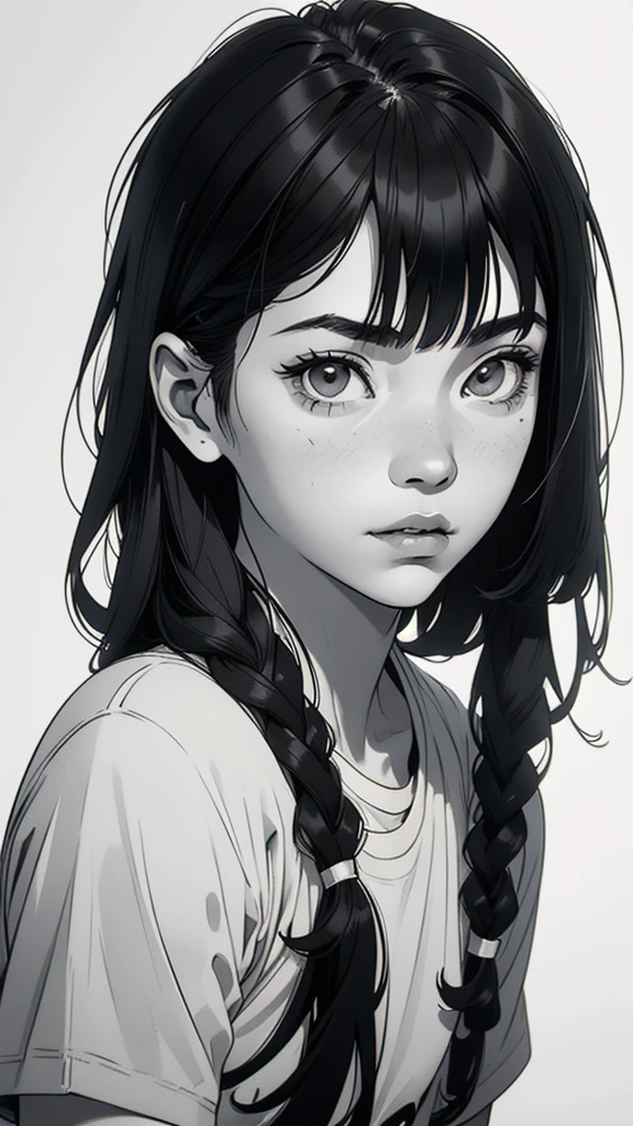 1 korean boyish girl, solo, sharp eyes, monochrome, greyscale, shoulder length black hair, portrait, blank white T-shirt, Thin eyebrows, closed mouth, looking at viewer, graphite \(medium\), detailed lips, hatching \(texture\), without makeup, (bangs), upper body, (best illustration), (best quality), (very detailed), (masterpiece), expressionless,