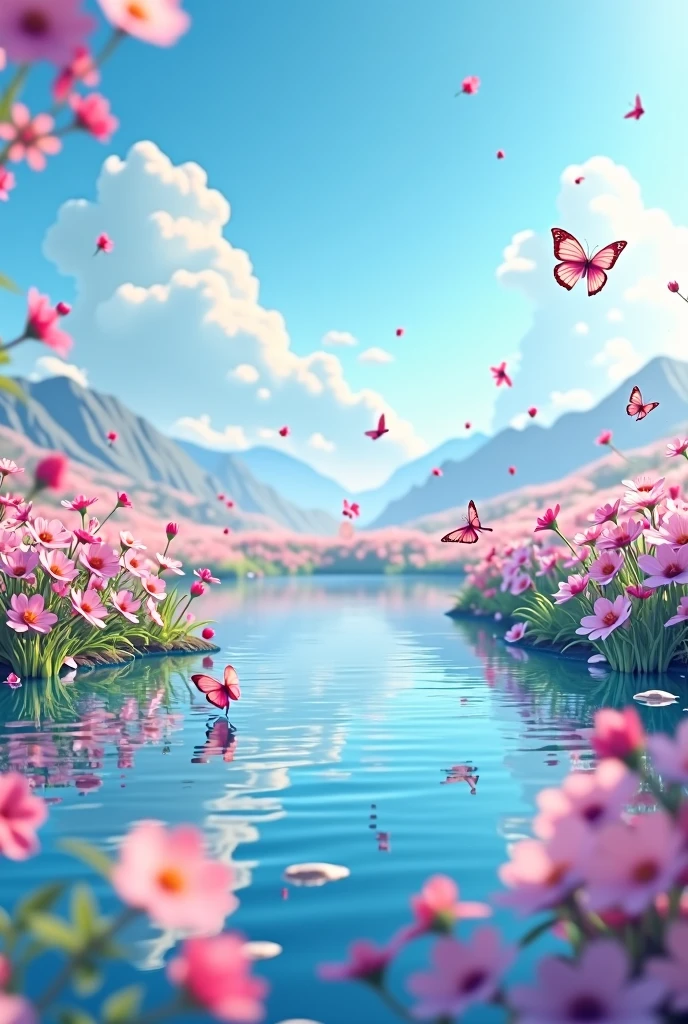 Background made There is a lake in the middle of the water-soaked flower field, blue sky, clouds,many glass butterflies, water splash, High detail scenes, Animation style rendering, Estilo Artistic de alta fidelidad., High detail composition, Beautiful 3d 4k composition, Artistic, Spring vibration, Bottom corner, blurry and dreamy illustration, dream scenes, numerical art, High fidelity aesthetics