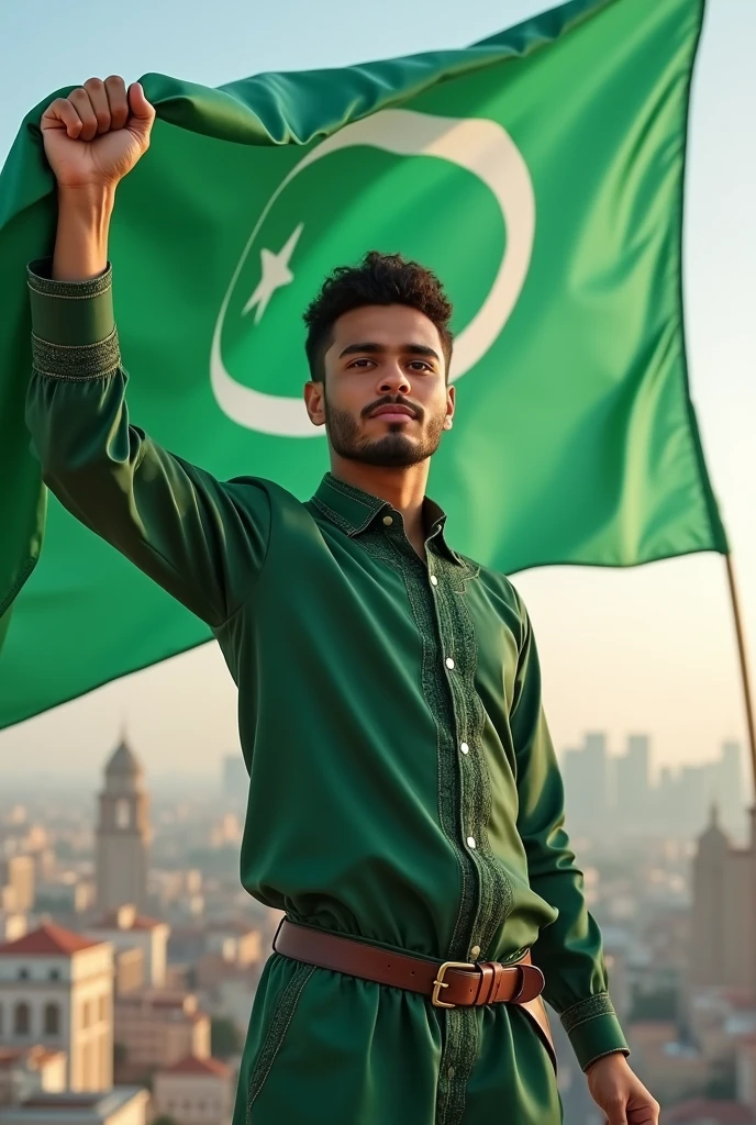 A hot and cool boy standing holding a (big green flag in his hand) is a Muslim