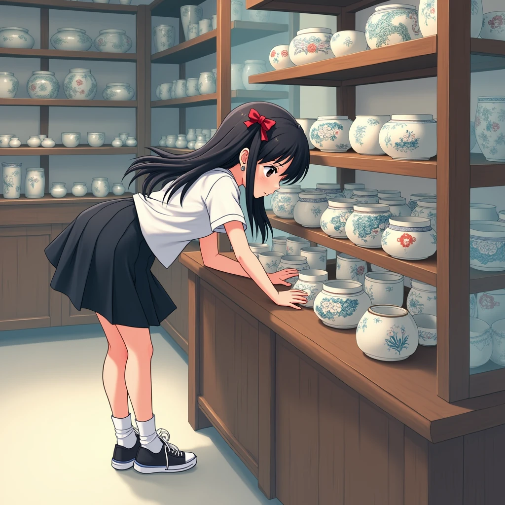 Anime Style, Realistic and beautiful backgrounds,
A girl leans forward to look at pottery,
She is wearing a cute white decorated blouse with short sleeves and no buttons., mid black flare skirt, no school uniform, no pleated skirt,
Wearing white knee-high socks, Wearing sneakers.
Her hair style is low twin tails, with red ribbons, very long length and black, low pigtails, Not high twin tails.
並んだJapanの陶器, dish, Cup, shop, Japan,
Daytime, from side, close up face.
