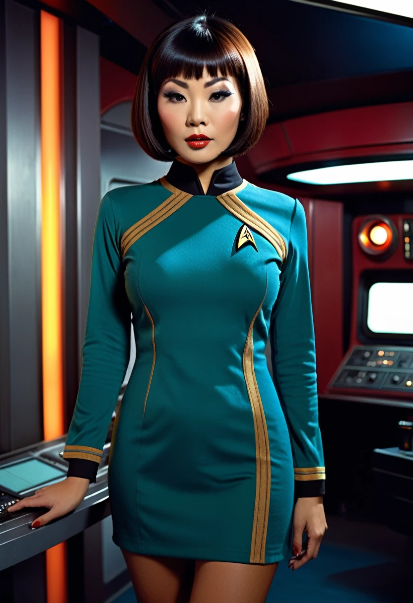 provocative, (sexy), very large breasts, ((cleavage)), very sexy, flirtatious, arousing, revealing, sensuous, teasing ((wearing a very revealing star trek original series 70s once piece mini dress bridge crew uniform)) (asian crew member with bob haircut and slim figure) ((in the style of a retro-futuristic, retro-scifi film set) ((in the style of a 70s erotic movie, soft focus, cinematic, pulp, porn, retro porn, 1970s film) ((ultra realistic, detailed and dynamic)) (nikon d850 film 4 kodak portra 400 camera f1.6 lens, rich colors, hyper realistic, lifelike texture, dramatic lighting, cinestill 800 tungsten, (RAW photo, nikon, 8k, Super detailed, advanced details, intricate details, Super detailed), (award winning photo, masterpiece), (photo-realistic) ((anatomically correct, High precision human body, highly detailed face, realistic skin)) Lighting: Face lighting, Ray tracing, reflective light, Structurally correct)