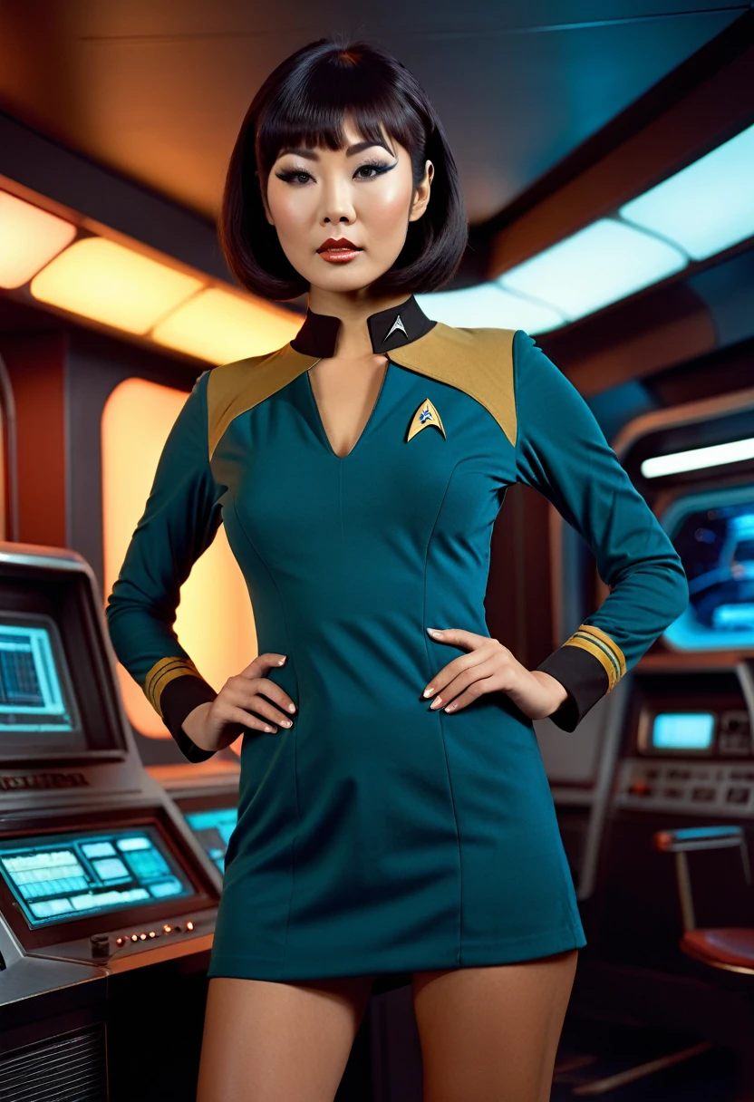 provocative, (sexy), very large breasts, ((cleavage)), very sexy, flirtatious, arousing, revealing, sensuous, teasing ((wearing a very revealing star trek original series 70s once piece mini dress bridge crew uniform)) (asian crew member with bob haircut and slim figure) ((in the style of a retro-futuristic, retro-scifi film set) ((in the style of a 70s erotic movie, soft focus, cinematic, pulp, porn, retro porn, 1970s film) ((ultra realistic, detailed and dynamic)) (nikon d850 film 4 kodak portra 400 camera f1.6 lens, rich colors, hyper realistic, lifelike texture, dramatic lighting, cinestill 800 tungsten, (RAW photo, nikon, 8k, Super detailed, advanced details, intricate details, Super detailed), (award winning photo, masterpiece), (photo-realistic) ((anatomically correct, High precision human body, highly detailed face, realistic skin)) Lighting: Face lighting, Ray tracing, reflective light, Structurally correct)