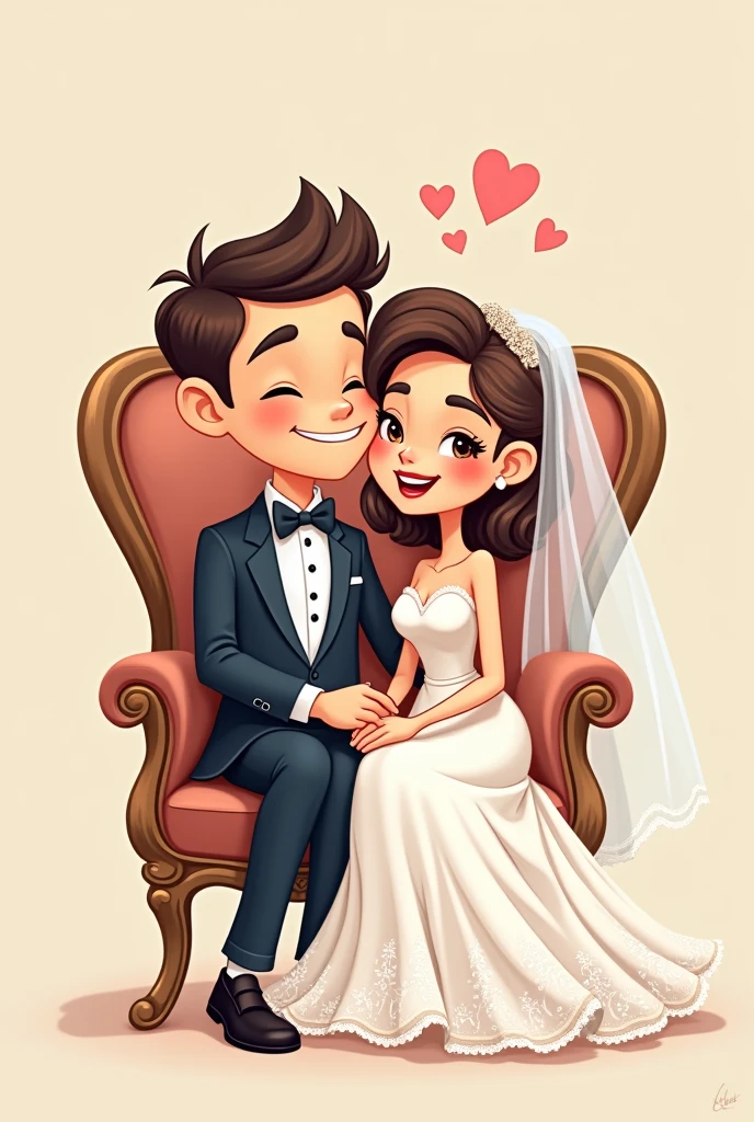 Bride couple sit at the chair cartoon