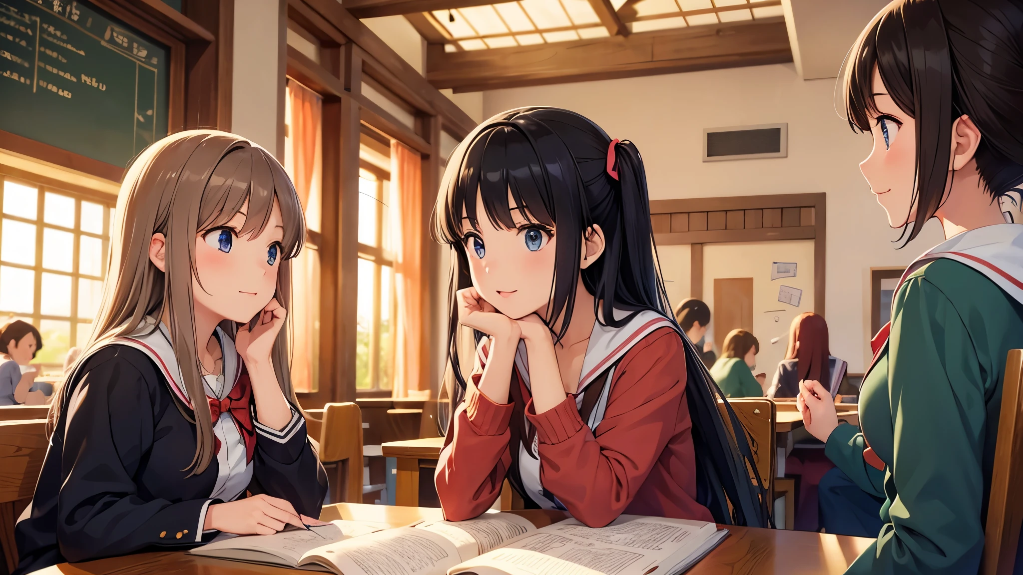 An illustration of high school girls studying in a Ghibli-style cafe