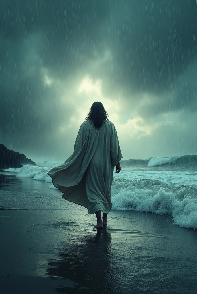 Jesus , cinematic movie poster , backside walking between sea , raining, colors are very cinematic, going little far away, sea waves , more cinematic movie poster , creative 