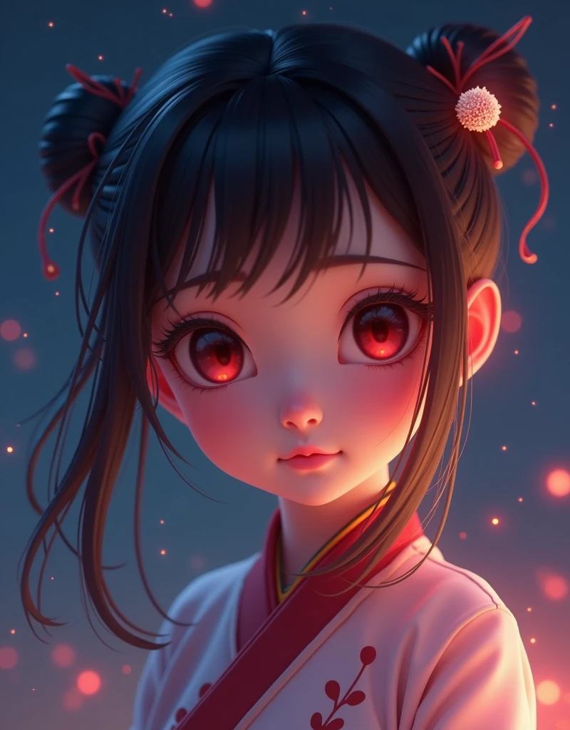 Chinese anime girl,close up shot,rendered ,3d,firefly glow in background,dark blue backg