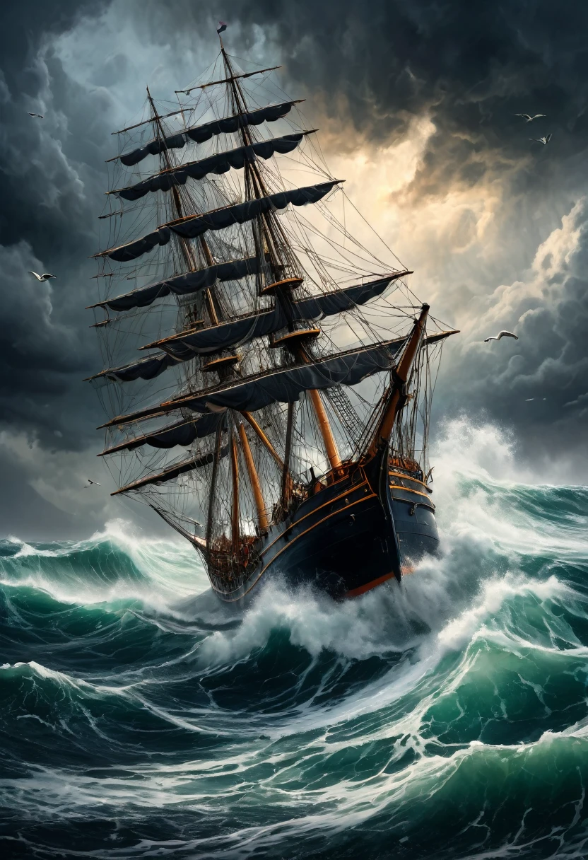 a stormy sea, a large sailing ship being tossed by big waves, oil painting, Steele Engley Wing Twits style, dramatic lighting, photorealistic, 8k, hyperdetailed, intricate textures, dramatic sky, moody atmosphere, rough ocean, crashing waves, detailed ship rigging, gloomy clouds, sharp contrast, saturated colors.