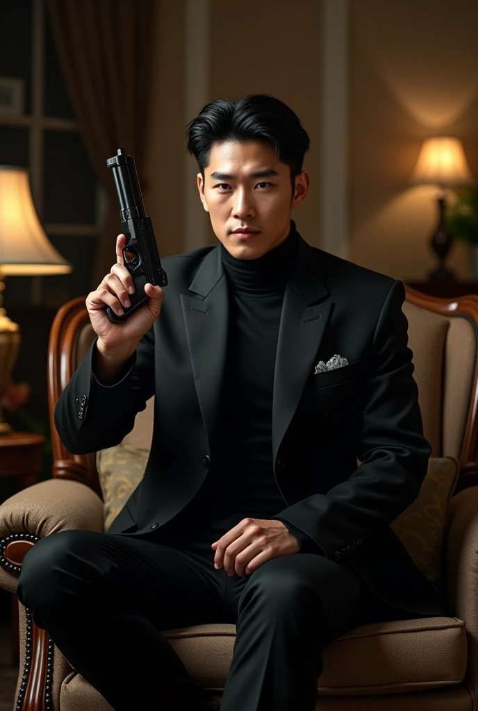 y white korean man with a gun in his hand sittting in the chair with pose and wearning black suit in his beautiful house