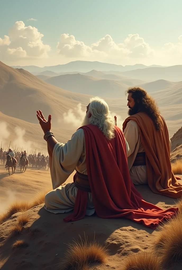 (photorealism:1.2), behind view, 10 So Joshua did as Moses told him and went to fight the Amalekites.. And Moses, Aaron and Hur went up to the top, up the hill. 11 While Moses kept his hands raised, the Israelites won; but, when he lowered his hands, the Amalekites won. When Moses&#39; hands were already heavy, They put a stone under him and he sat on it.. And Aaron and Hur stood on either side to hold his hands.. So his hands were raised until the sun set..