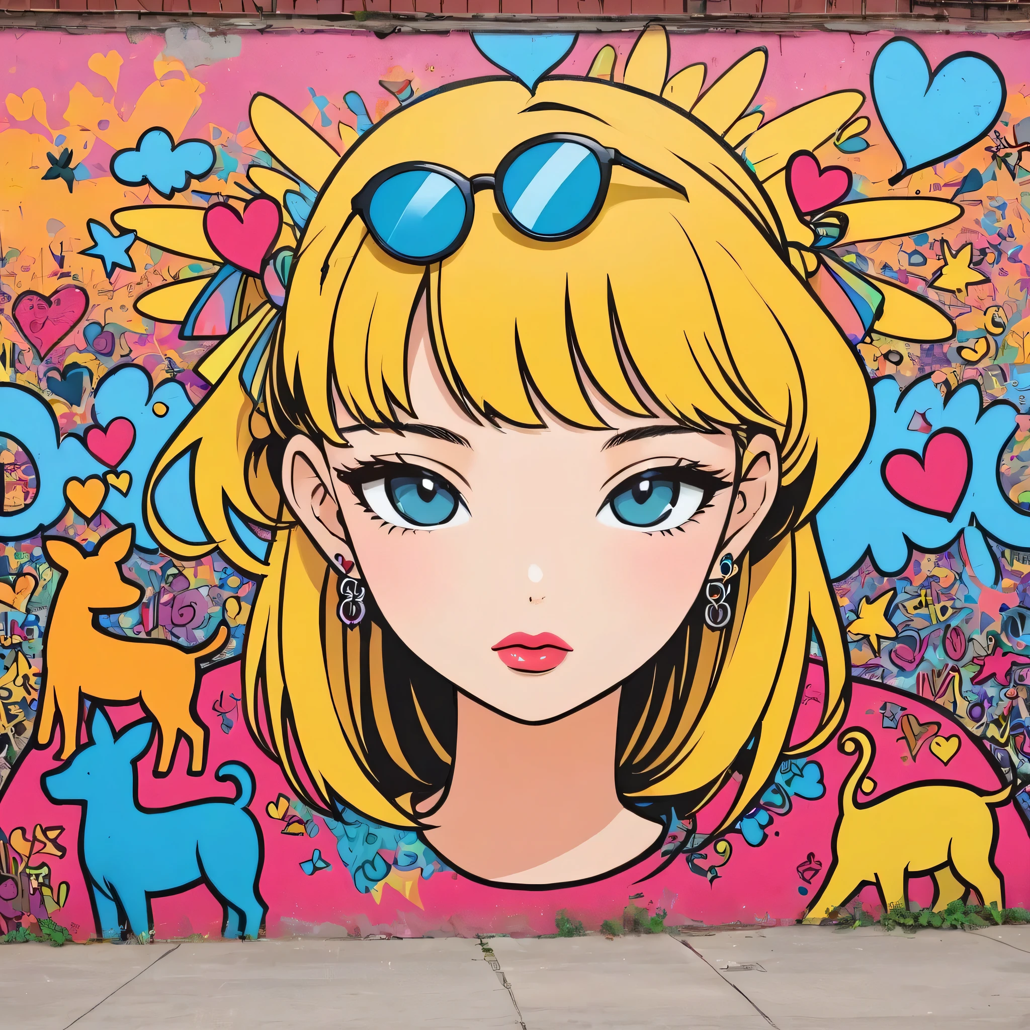 Keith Haring colorful style, Simple Line Initialism，Abstract art，(((The most beautiful girl of all time))), Lips in love, Dark Eyes, Graffiti on the wall, stylish design