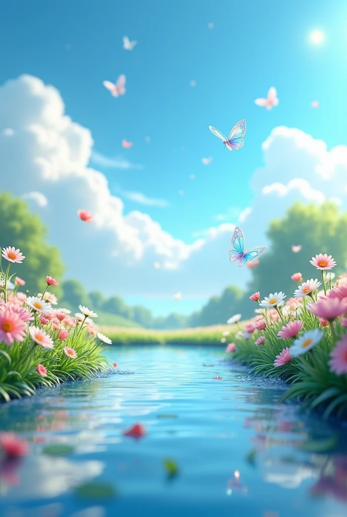 Background made There is a lake in the middle of the water-soaked flower field, blue sky, clouds,There are many Crystal Butterflies, water splash, High detail scenes, Animation style rendering, Estilo Artistic de alta fidelidad., High detail composition, Beautiful 3d 4k composition, Artistic, Spring vibration, Bottom corner, blurry and dreamy illustration, dream scenes, numerical art, High fidelity aesthetics