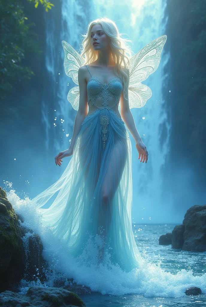 actual face and outfit of Fairy of water full body with the falls or oceans