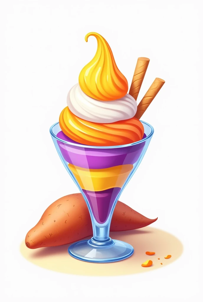 A logo of Ice cream with yellow, orange, white and violet color in the icecream glass with sweet potato beside the glass