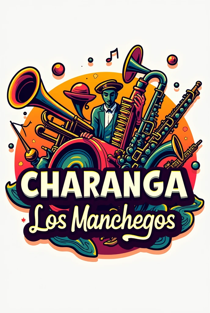 Create a logo for a band called Charanga Los Manchegos and feature a trumpet, a tuba, a bass drum, some dishes, a trombone and a sax.
Let it have a fun and sexual touch