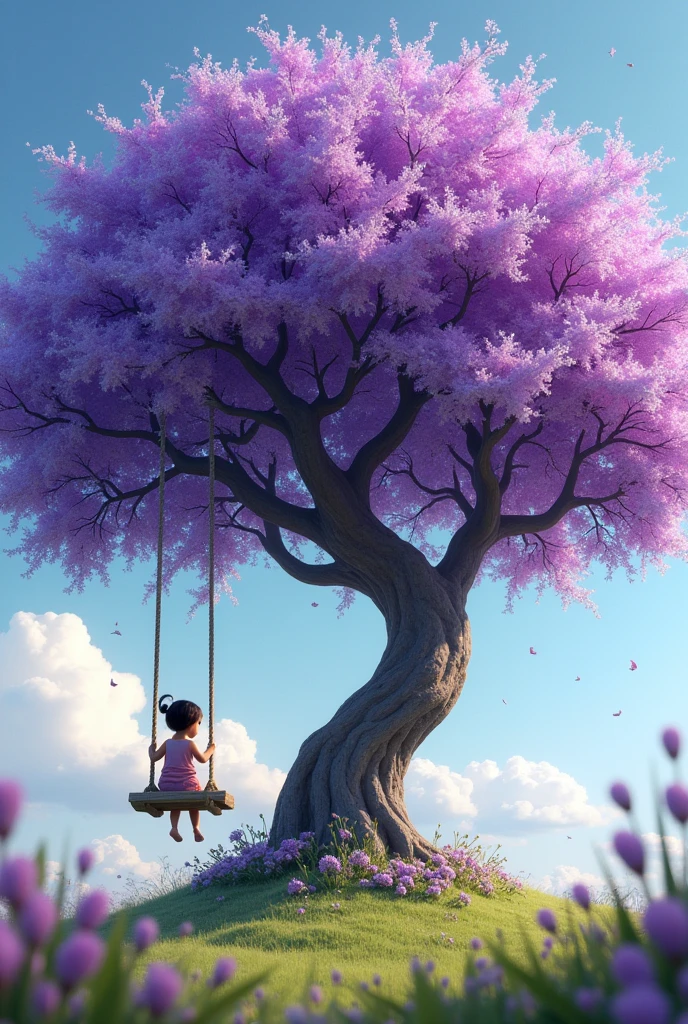 Create a realistic image of a tree it's leave purple colour and white flowers on the tree and a swing hanging on it and a child sitting on the swing