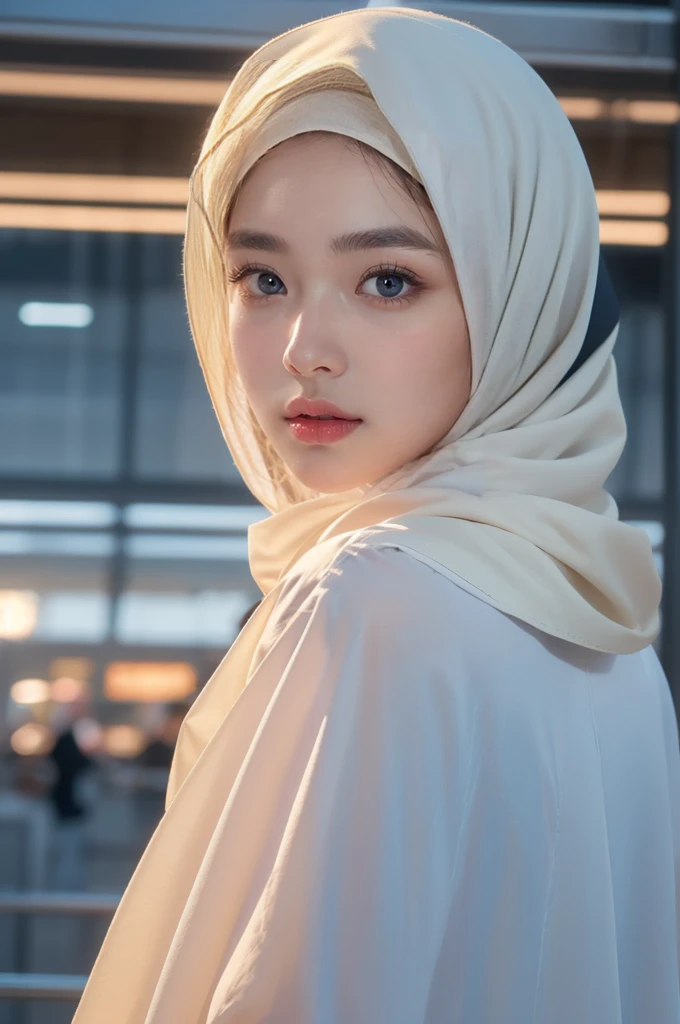 ((closeup: 1.5)), (IU), (hijab:1.2), (realistic photos of Hijab Korean female, slightly smile,expressive eyes,eye makeup,airport background,standing posture,confident attitude,Eye-Level Shot, slightly blurry background,UHD,masterpiece:1.2,highres,16k), pinafore