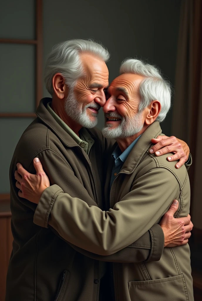 An older man hugging an old man