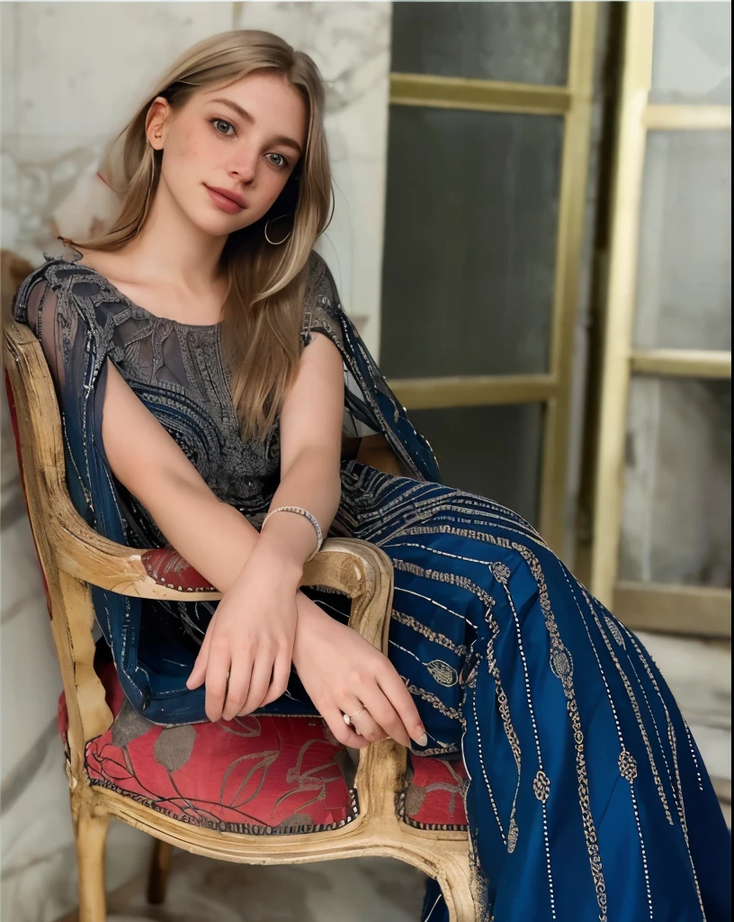 Woman, americana, age 25, pale skin and freckles, gray eyes, delicate nose, soft and delicate lips, far away, cabelo blondie far away e ondulado na altura da cintura, sweet smile, face with delicate feminine facial features, highly rendered