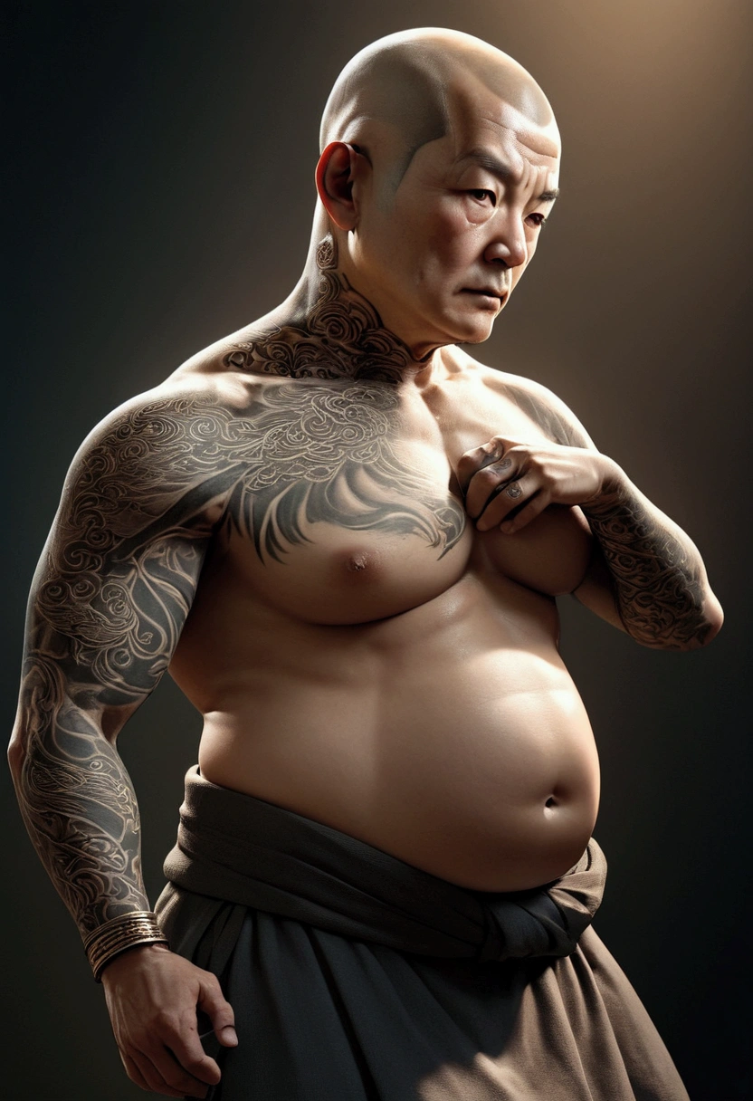 (old fat monk with thinning hair,tattoos all over body,detailed body, practice kung fu,highly detailed face,hyperrealistic,3d render,masterpiece,8k,photorealistic,cinematic lighting,dramatic lighting,moody lighting,dramatic pose,mystical,spiritual,intense gaze,intricate tattoos,lush textures,rich colors,chiaroscuro,dramatic shadows,atmospheric)