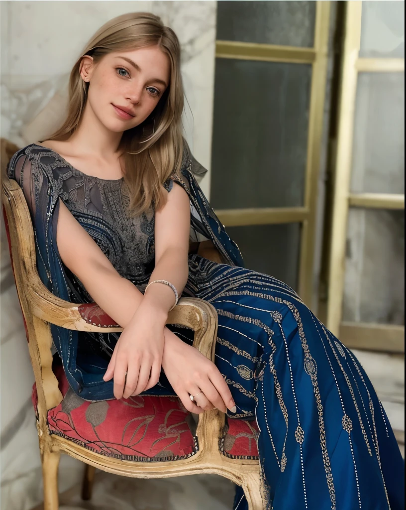 Woman, americana, age 25, pale skin and freckles, gray eyes, delicate nose, soft and delicate lips, far away, cabelo blondie far away e ondulado na altura da cintura, sweet smile, face with delicate feminine facial features, highly rendered