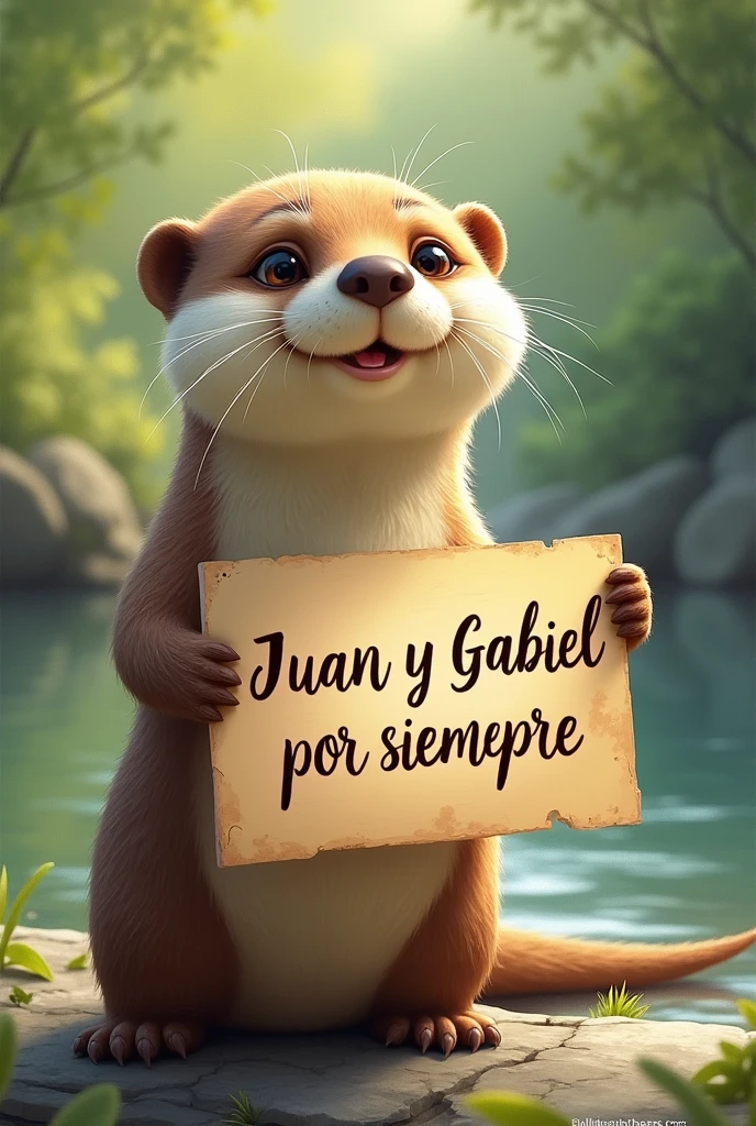 Generate an image of a pygmy otter holding a sign that says Juan and Gabriel together forever . in Spanish, Please try to make the words clear. 

