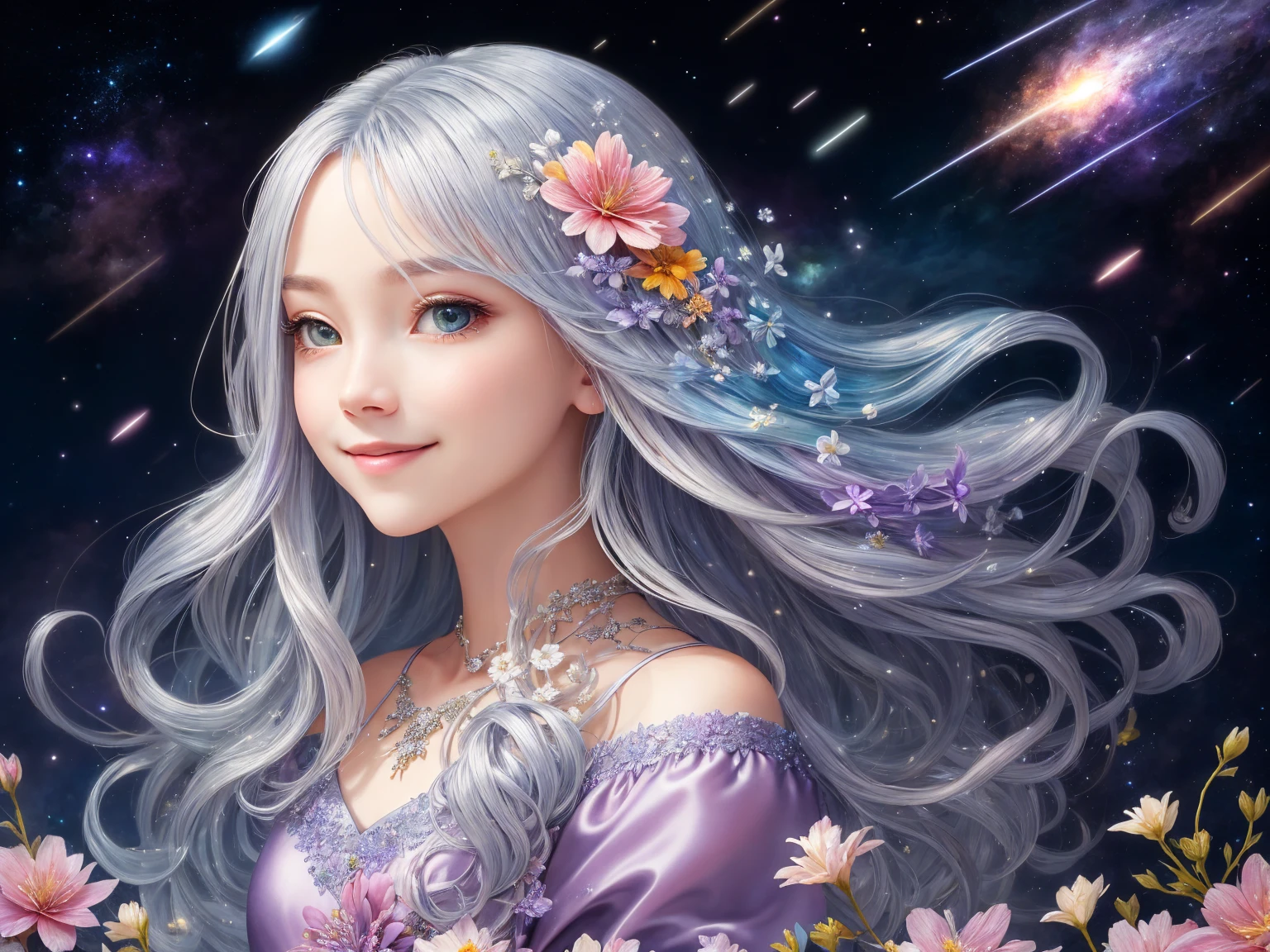 ((Silver colored hair、long hair)) ,((Wear a colorful floral satin dress)),Branch of delicate lilac flowers, Ultra-transparent, holy Light, beautiful spectral Light, Petals Shine, Blink,drops of transparent Light, reflective Light, bright, Light streaming in, Optics, Portrait Profile, Sharp focus, magic,Surreal, Fantasy, composition, Light, Art Station Trends, Pearl, Silvery steam guardian cloud, Corrosive Envelope Play Family, 8k, ((Cute smiling girl))、((background　Shooting stars, space and colorful flowers))、
