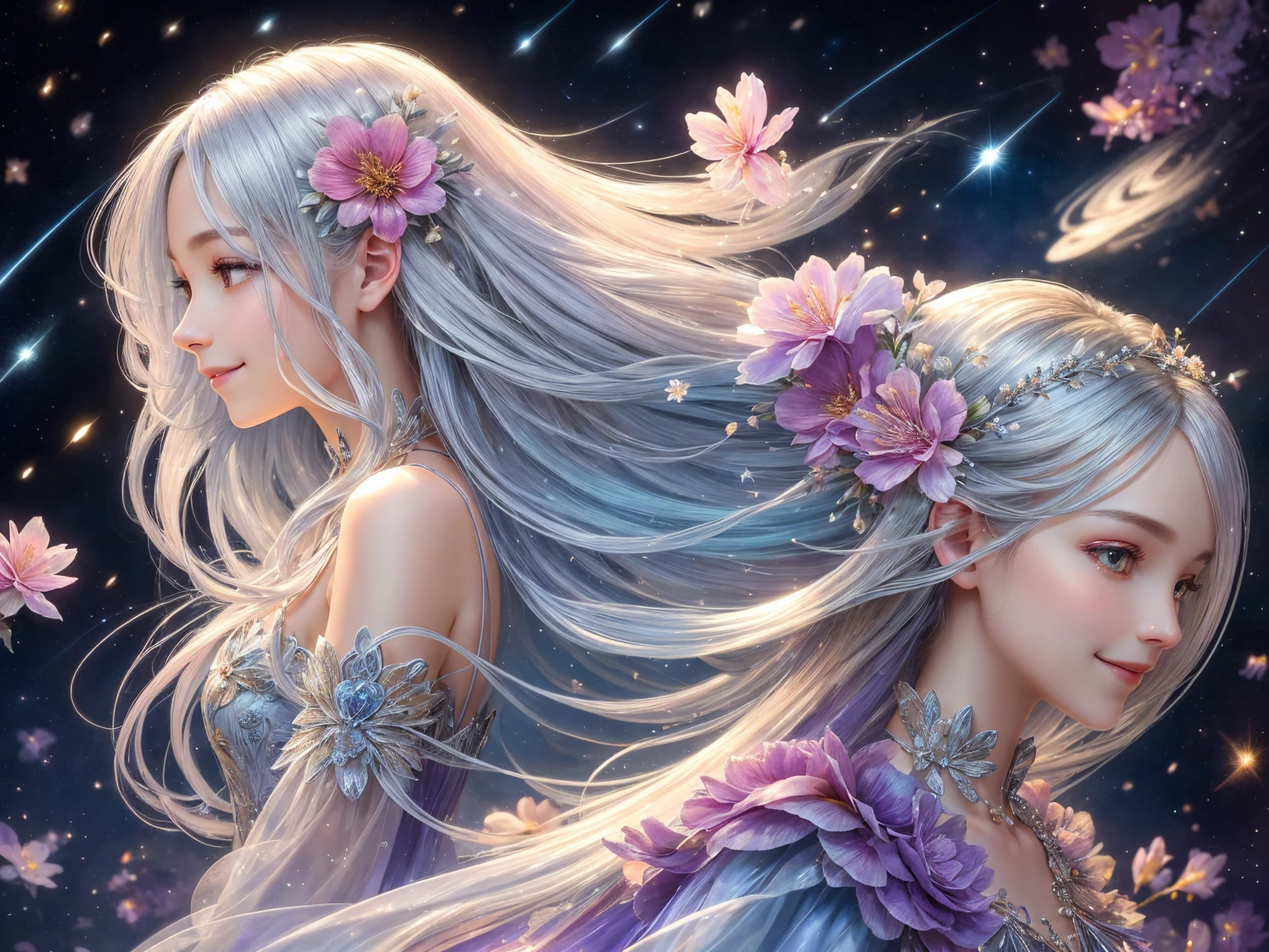 ((Silver colored hair、long hair)) ,((Wear a colorful floral satin dress)),Branch of delicate lilac flowers, Ultra-transparent, holy Light, beautiful spectral Light, Petals Shine, Blink,drops of transparent Light, reflective Light, bright, Light streaming in, Optics, Portrait Profile, Sharp focus, magic,Surreal, Fantasy, composition, Light, Art Station Trends, Pearl, Silvery steam guardian cloud, Corrosive Envelope Play Family, 8k, ((Cute smiling girl))、((background Shooting stars, space and colorful flowers))、