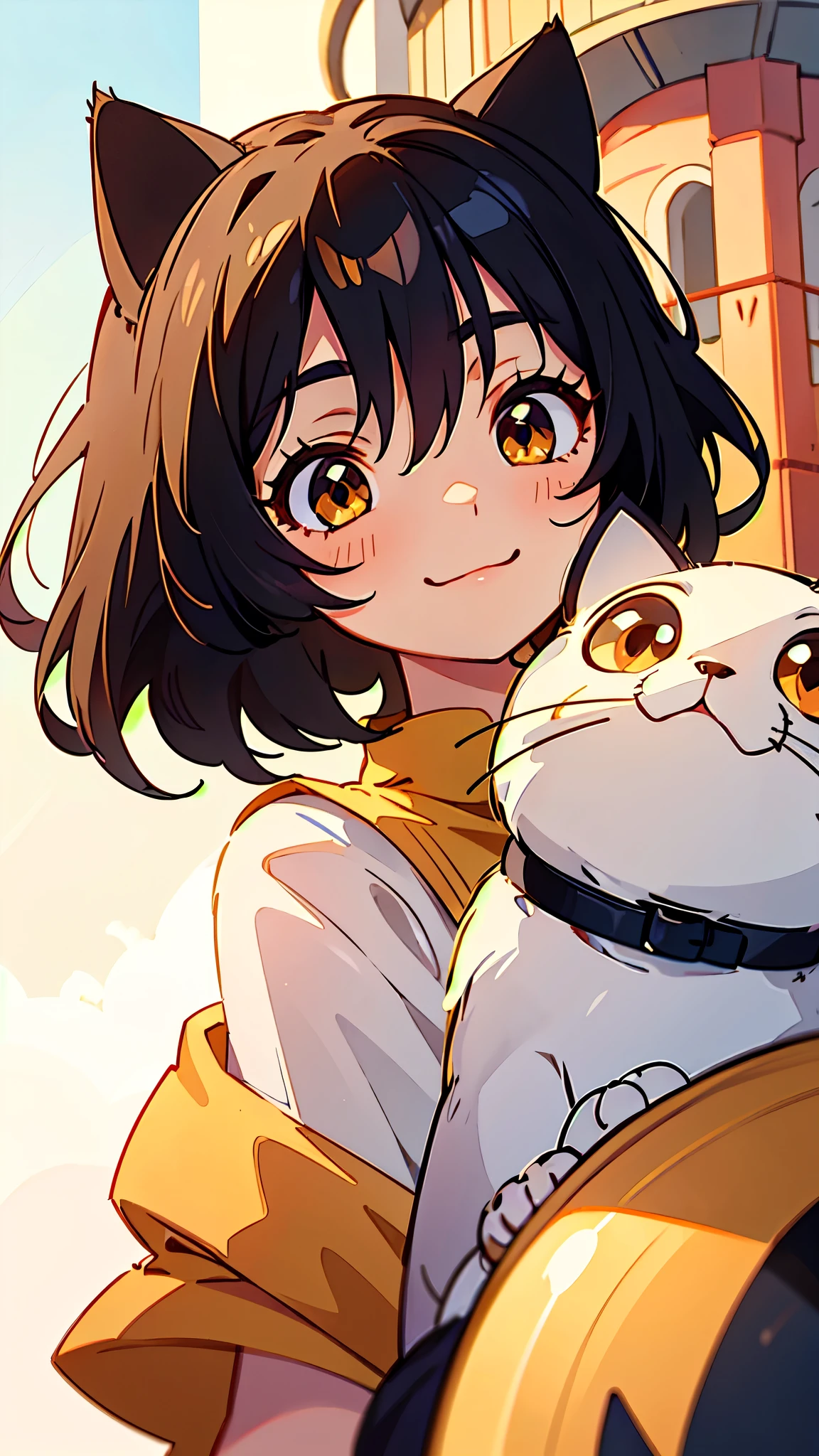 1 Girl、Shiny black hair、Long eyelashes、Round eyes、fake animal ears、smile、tooth、short hair、Cat ear、Upper body close-up、Golden hour sky、Near the lighthouse