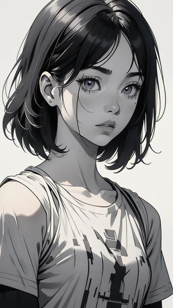 1 korean boyish girl, solo, sharp eyes, monochrome, greyscale, shoulder length black hair, portrait, blank white T-shirt, Thin eyebrows, closed mouth, looking at viewer, graphite \(medium\), detailed lips, hatching \(texture\), without makeup, (bangs), upper body, (best illustration), (best quality), (very detailed), (masterpiece), expressionless,