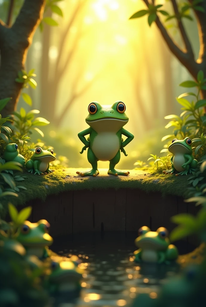   "A motivational scene with the triumphant frog standing at the edge of the pit, looking down at the other frogs with a smile. The atmosphere is uplifting, with sunlight shining through the forest canopy, symbolizing achievement and perseverance."